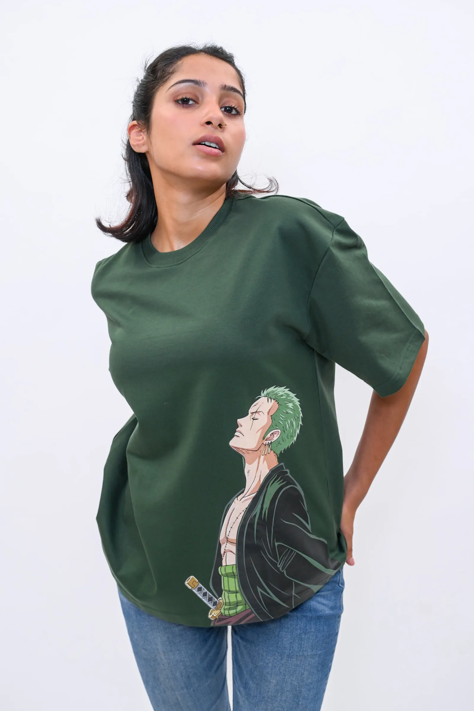 Roronoa Zoro Oversized Anime Graphic T-Shirt – Forest Green