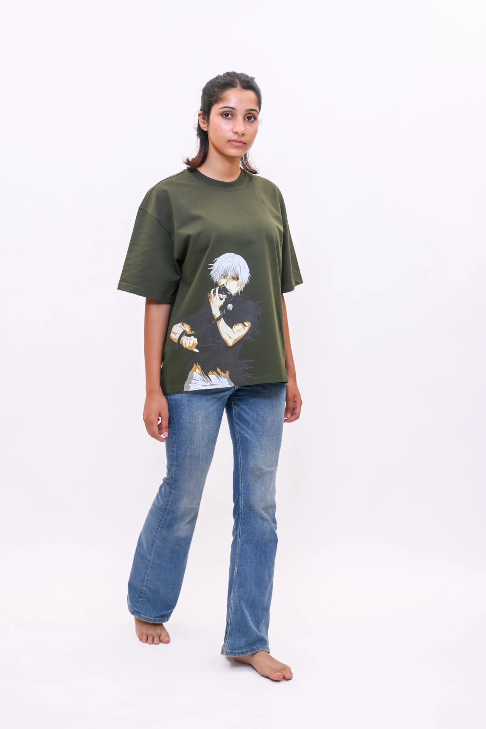 Ken Kaneki Oversized Anime Graphic T-Shirt – Olive Green