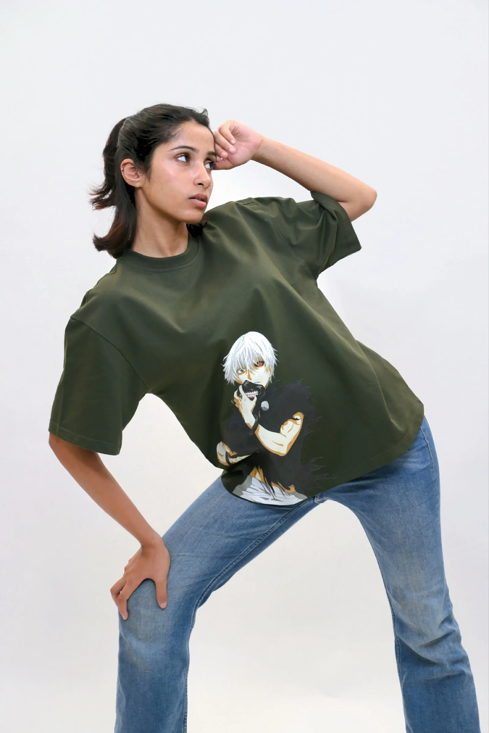 Ken Kaneki Oversized Anime Graphic T-Shirt – Olive Green