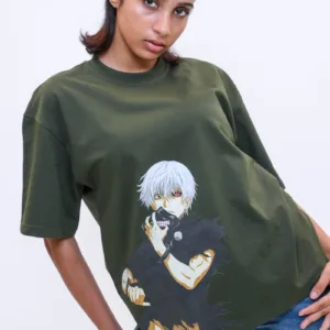 Ken Kaneki Oversized Anime Graphic T-Shirt – Olive Green