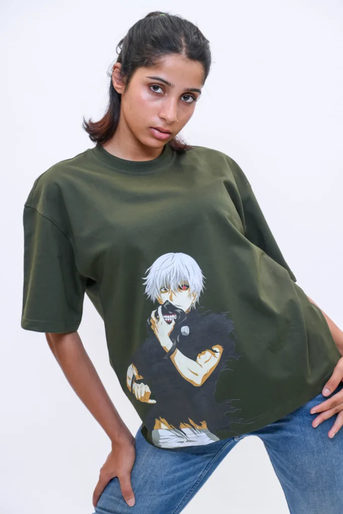 Ken Kaneki Oversized Anime Graphic T-Shirt – Olive Green