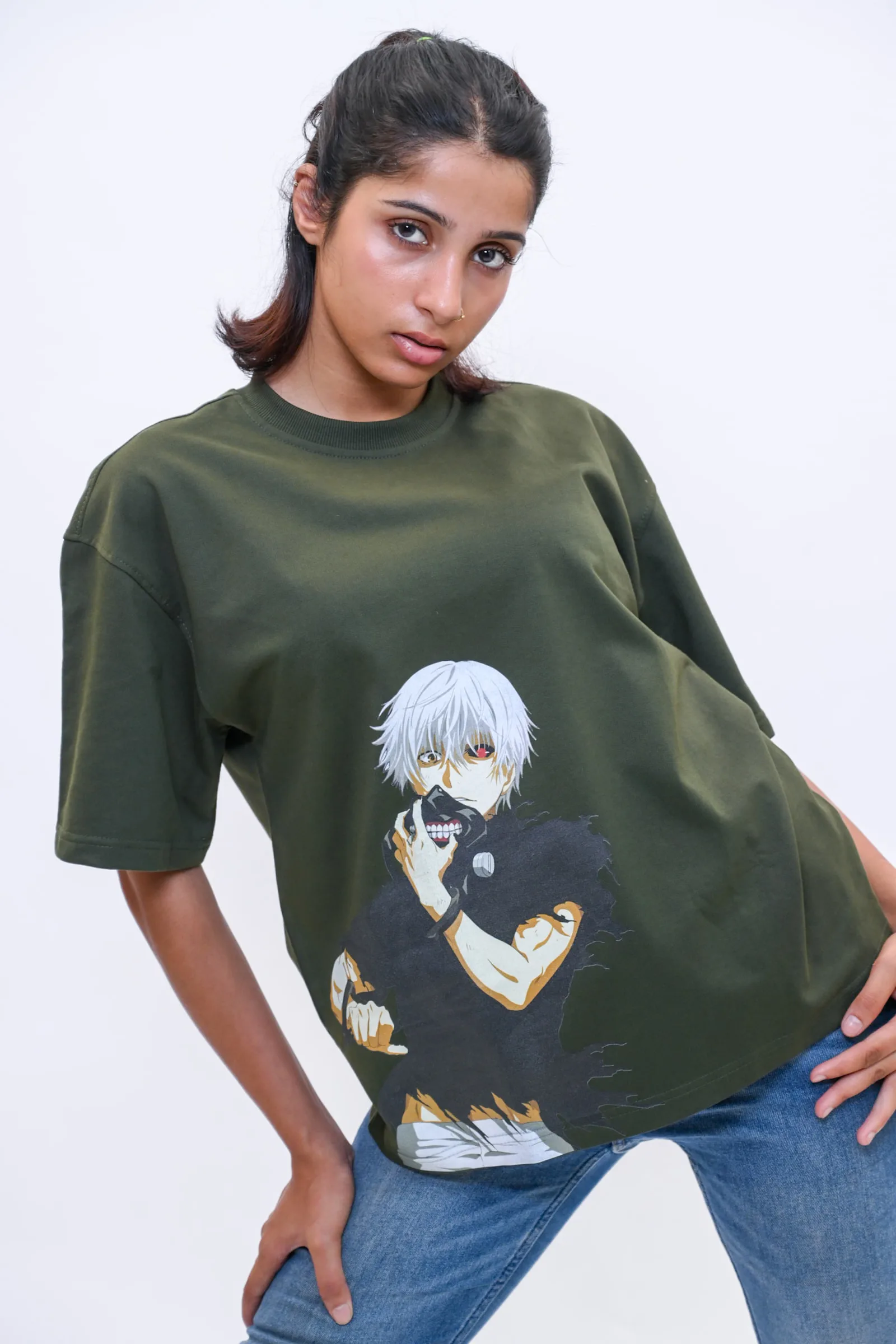 Ken Kaneki Oversized Anime Graphic T-Shirt – Olive Green