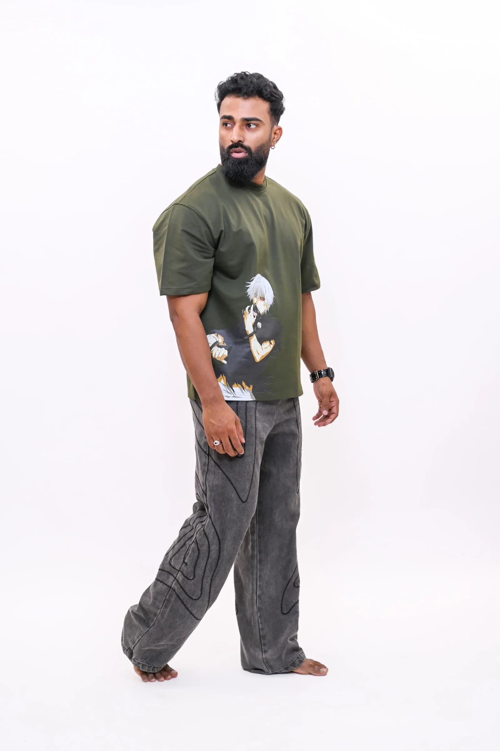Ken Kaneki Oversized Anime Graphic T-Shirt – Olive Green